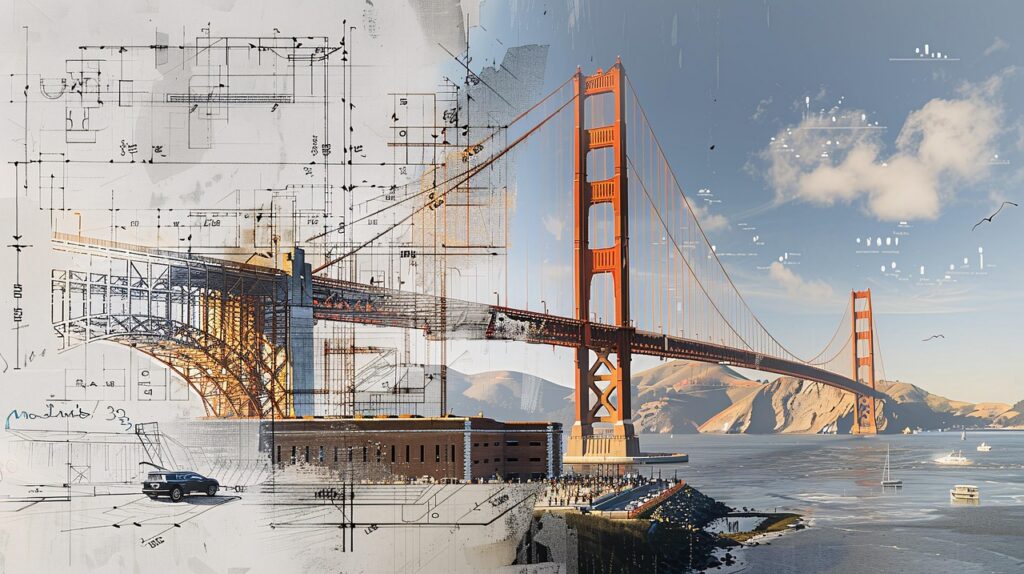 Artistic rendering of a suspension bridge with structural design sketches – civil engineering concept.