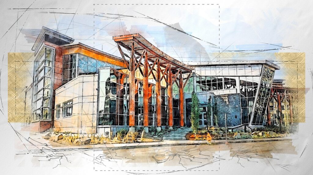 Modern building sketch with structural overlays – architectural design visualization.